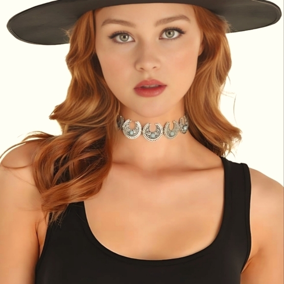 Western Silver and Turquoise Choker Necklace NWT - Picture 1 of 4